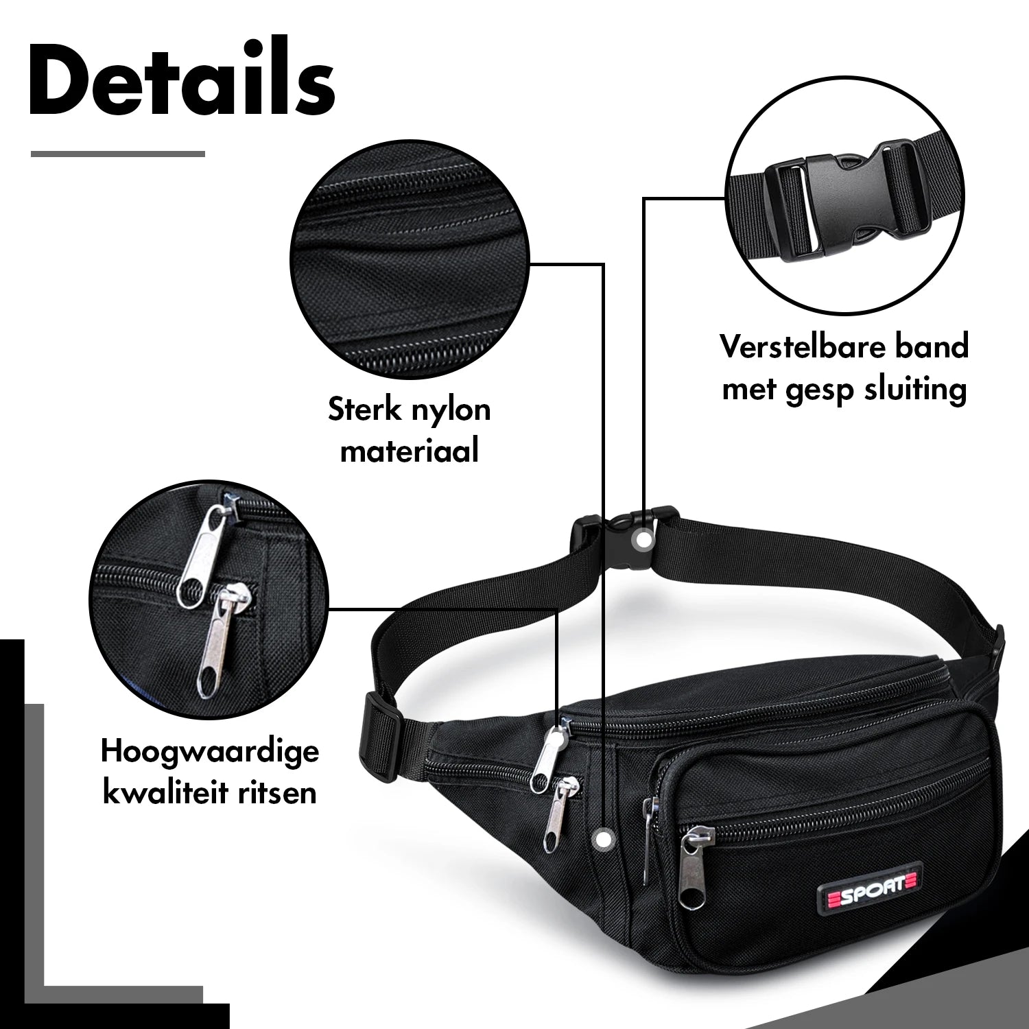 Heuptasje Dames / Heren - Fanny Pack - Buideltasje Nylon - Lichtgewicht - 6 vakken