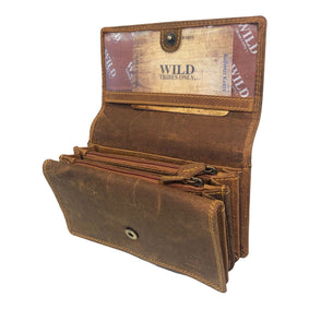 WILD - Portemonnee Dames Leer - Huishoudportemonnee - Harmonica Overslag Model - Veel Ruimte Voor Foto's En Pasjes - Hunter Leer