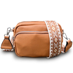 THL Design - Kleine Dames Schoudertas - Klein Tasje - Telefoontasje - Bag Strap - Tassenriem - Bruin / Beige Print