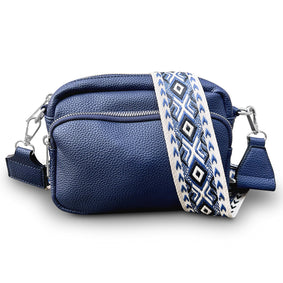 THL Design - Kleine Dames Schoudertas - Klein Tasje - Telefoontasje - Bag Strap - Tassenriem - Donkerblauw / Beige Print