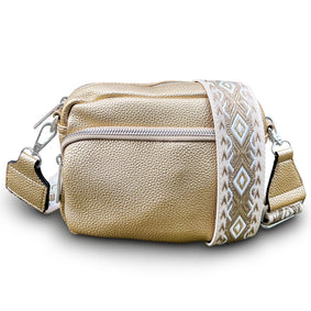 THL Design - Kleine Dames Schoudertas - Klein Tasje - Telefoontasje - Bag Strap - Tassenriem - Goud / Beige Print - Goud