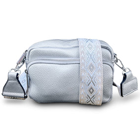THL Design - Kleine Dames Schoudertas - Klein Tasje - Telefoontasje - Bag Strap - Tassenriem - Zilver / Beige Print