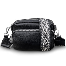 THL Design - Kleine Dames Schoudertas - Klein Tasje - Telefoontasje - Bag Strap - Tassenriem - Zwart / Beige Print