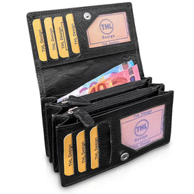 THL Design - Portemonnee Dames - Harmonica overslag model - Nappa Leer Zwart