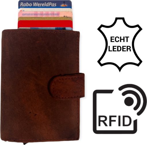 THL Design – Pasjeshouder Mannen Dames – Pasjeshouder Uitschuifbaar – Portemonnee Heren – RFID – Vintage Leer Bruin